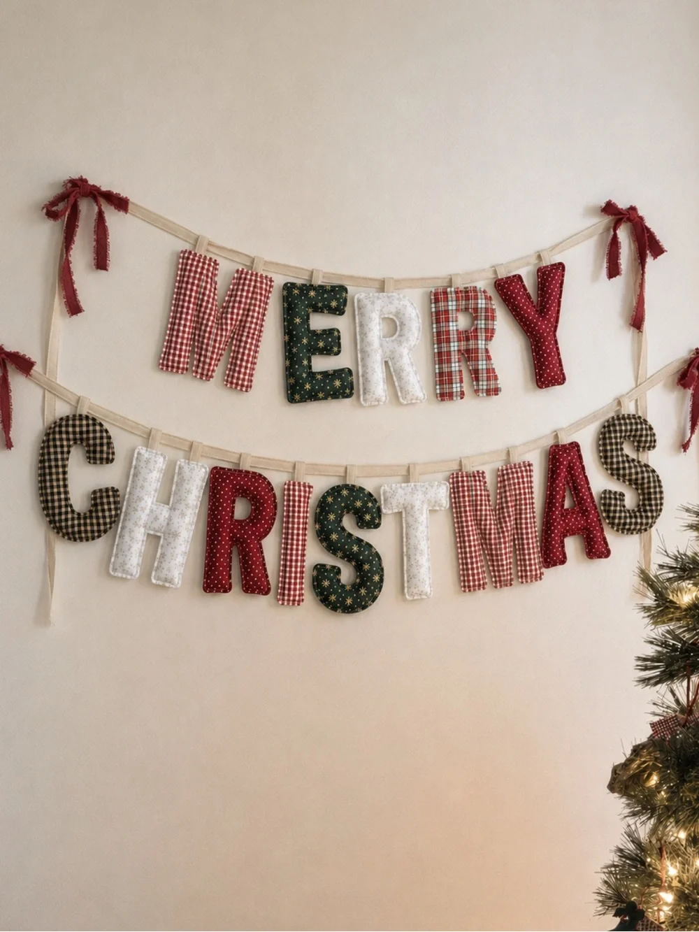 Festive 'Merry Christmas' Fabric Banner - Red, Green, White